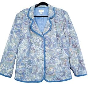 Talbots Woman 22W Blue Floral Tapestry Blazer Jacket Velvet Trim Pockets Vintage